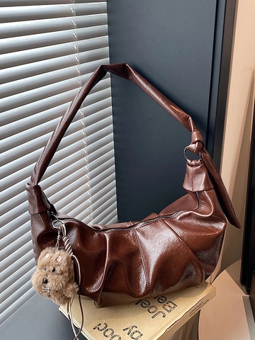 Damen Schultertasche Mit Großer Kapazität Plissierte PU Leder Hobo Tasche Mit Bär Anhänger Geknoteter Riemen Casual Tasche