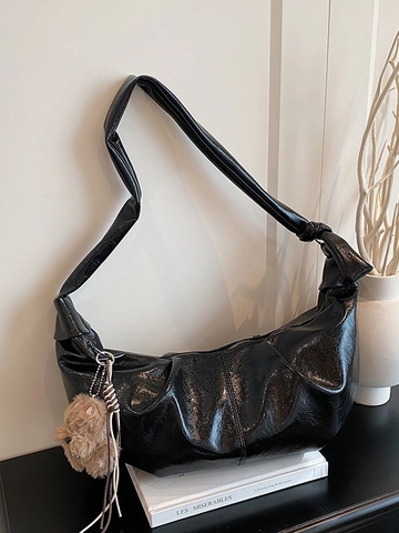 Damen Schultertasche Mit Großer Kapazität Plissierte PU Leder Hobo Tasche Mit Bär Anhänger Geknoteter Riemen Casual Tasche