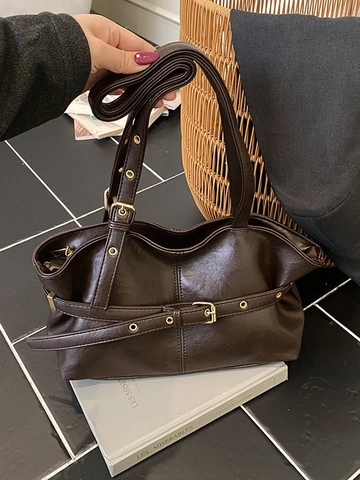 Damen Retro PU Leder Tote Bag Große Kapazität Lässige Schultertasche Mit Gürtelschnalle Urban Minimalistisch Pendeln Handtasche