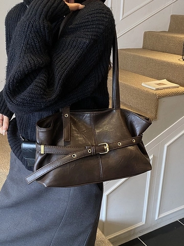 Damen Retro PU Leder Tote Bag Große Kapazität Lässige Schultertasche Mit Gürtelschnalle Urban Minimalistisch Pendeln Handtasche