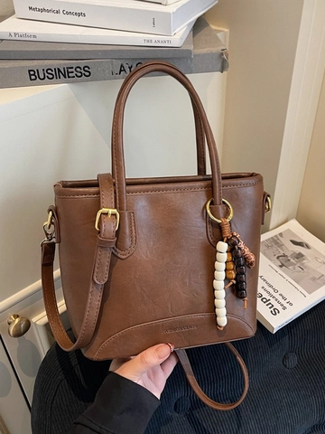 Bolso Bombonera Coreano de Color en Contraste para Mujer Bolso de Mano de Cuero PU Retro Con Colgante de Cuentas de Madera Casual Diario