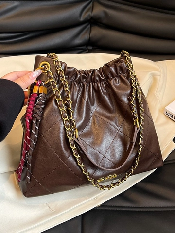 Borsa Tote Trapuntata Retrò da Donna Grande Capacità in Pelle PU Borsa a Spalla Con Tracolla a Catena Moda Pendolare per Lavoro