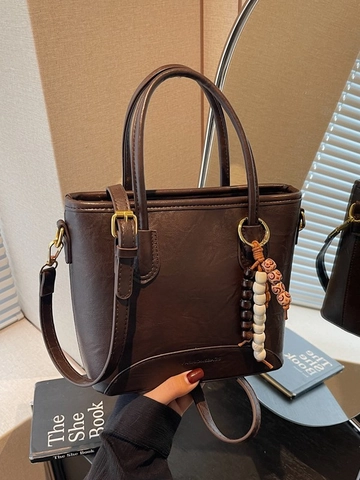 Bolso Bombonera Coreano de Color en Contraste para Mujer Bolso de Mano de Cuero PU Retro Con Colgante de Cuentas de Madera Casual Diario