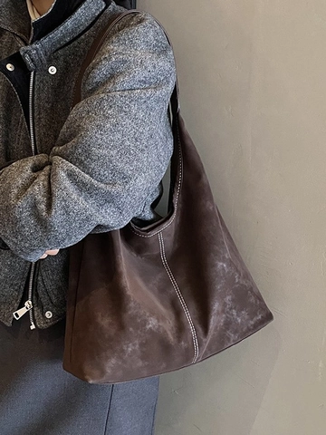 Borsa Tote Hobo in Pelle PU Vintage di Grande Capacità per Donna Borsa a Spalla in Pelle Scamosciata Retro con Cuciture a Contrasto