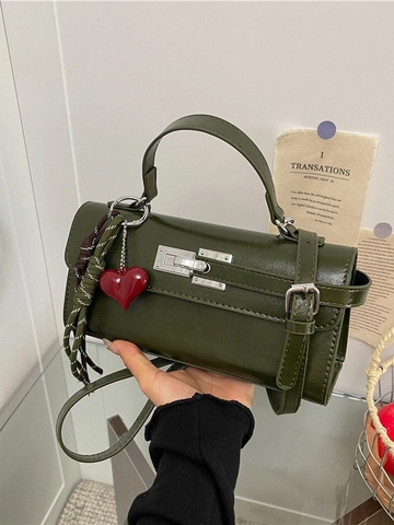 Mode Damen Rechteckige Klappenhandtasche Silber Schloss Schnalle Herz Anhänger Stoff Pendler Umhängetasche Crossbody Tasche