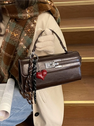 Mode Damen Rechteckige Klappenhandtasche Silber Schloss Schnalle Herz Anhänger Stoff Pendler Umhängetasche Crossbody Tasche