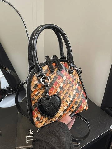 Vintage Colorful Woven PU Leather Shell Crossbody Bag For Women Retro Top Handle Handbag With Heart Charm Shoulder Bag