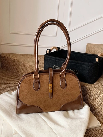 Sac Boston Vintage en Daim Épissé pour Femmes Sac à Main de Grande Capacité Avec Fermoir Pivotant en Or Sac à Bandoulière