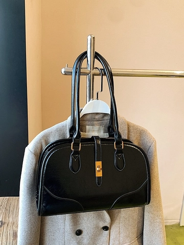 Sac Boston Vintage en Daim Épissé pour Femmes Sac à Main de Grande Capacité Avec Fermoir Pivotant en Or Sac à Bandoulière