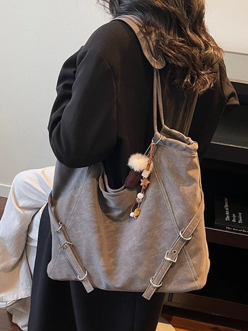 Sac Fourre-Tout Rétro en Cuir PU pour Femmes Grande Capacité Surpiqûres Contrastées Sac à Bandoulière avec Pendentif en Peluche Mode
