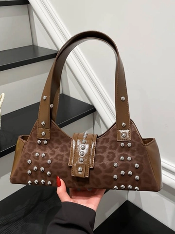Sac Sous le Bras Vintage à Rivets pour Femmes Style Punk Rétro en Cuir PU Imprimé Léopard Sac à Bandoulière Grand Tote