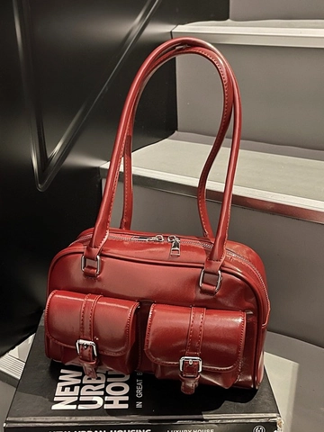 Women Vintage Glossy PU Leather Underarm Shoulder Bag Retro Solid Color Multi-Pocket High Shine Underarm Bag For Daily Dating