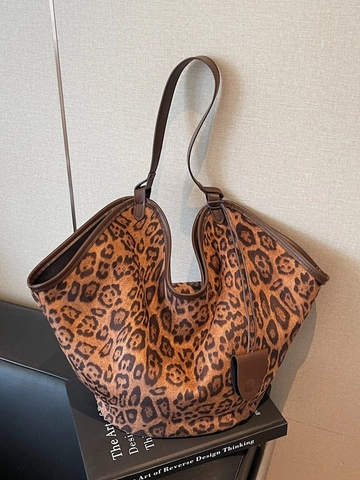 Vintage Damen Große Kapazität PU Leder Einkaufstasche Leopard Druck Minimalistische Achsel Schultertasche Mode Handtasche Mit Anhänger