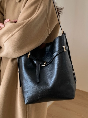 Retro PU Leather Bucket Bag For Women Minimalist Large Capacity Shoulder Bag With Belt Buckle Decor Casual Crossbody Bag