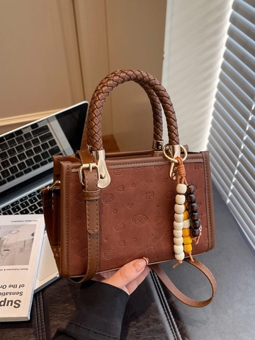 Vintage Women PU Leather Embossed Shoulder Bag Braided Handle Small Square Crossbody Bag With Beaded Charm Cute Puppy Tote