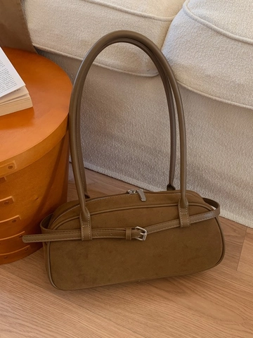 Bolso de Hombro Baguette Vintage Sophisticated Retro Vibe para Mujer PU Textura de Ante Hebilla Metálica Bolso de Moda
