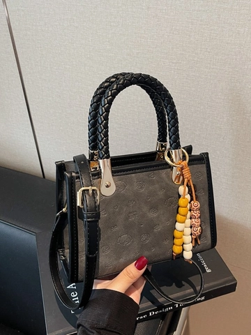 Vintage Women PU Leather Embossed Shoulder Bag Braided Handle Small Square Crossbody Bag With Beaded Charm Cute Puppy Tote