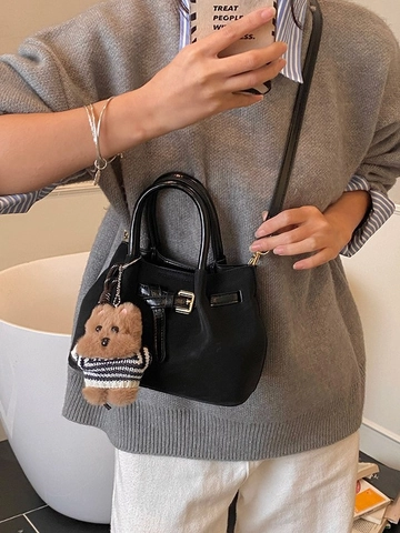 Damen Retro PU Leder Eimertasche Mit Bär Schlüsselanhänger Verstellbarer Schultergurt Handgehaltene Crossbody Umhängetasche Lässige Tasche