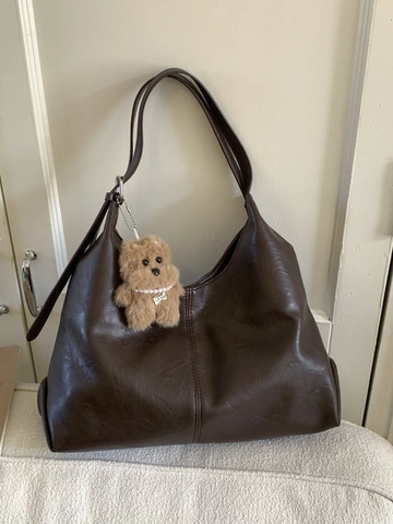 Retro PU Leather Tote Bag Women Large Capacity Hobo Shoulder Bag Simple Solid Color Commute Underarm Bag With Plush Pendant