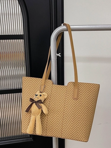 Bolso Tote Vintage Para Mujer Con Patrón De Espiga Bolso De Hombro De Cuir PU De Gran Capacidad Con Colgante De Oso