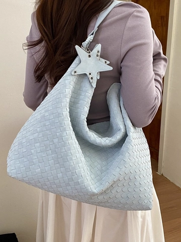 Damen Retro PU Leder Geflochtene Umhängetasche Große Kapazität Hobo Bag Mit Sternanhänger Casual Straßentrend Tote Bag