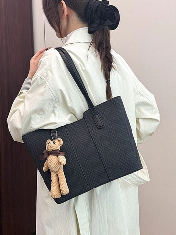 Bolso Tote Vintage Para Mujer Con Patrón De Espiga Bolso De Hombro De Cuir PU De Gran Capacidad Con Colgante De Oso