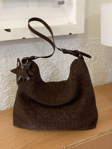 Damen Retro PU Leder Geflochtene Umhängetasche Große Kapazität Hobo Bag Mit Sternanhänger Casual Straßentrend Tote Bag