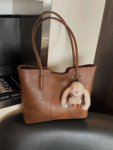 Borsa Tote da Donna Retro in Pelle PU Grande Capacità Borsa a Spalla Con Cuciture a Contrasto e Ciondolo Coniglio di Peluche
