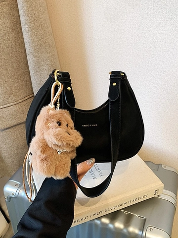 Women Vintage PU Leather Half Moon Hobo Bag Minimalist Solid Color Shoulder Bag With Bear Pendant Adjustable Strap Handbag