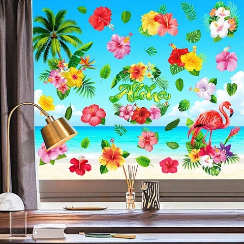 Summer Hawaii Static Window Clings Tropical Flamingo Hibiscus Palm Leaf PVC Stickers Reusable Double Sided Decor