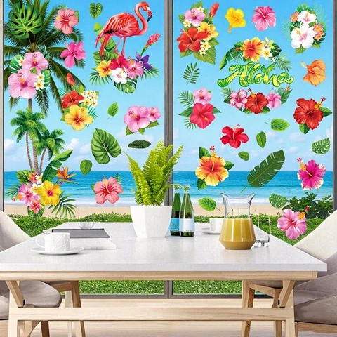 Summer Hawaii Static Window Clings Tropical Flamingo Hibiscus Palm Leaf PVC Stickers Reusable Double Sided Decor