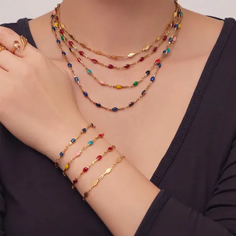 Colorful Enamel Pendant Necklace And Bracelet 316L Stainless Steel Waterproof Hypoallergenic Jewelry For Women Fashion