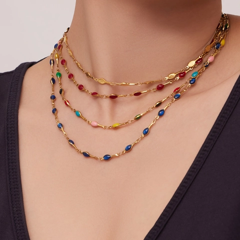 Colorful Enamel Pendant Necklace And Bracelet 316L Stainless Steel Waterproof Hypoallergenic Jewelry For Women Fashion
