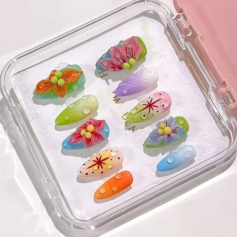 Uñas Postizas Almond Press On Resina Flores Blancas Relieve 3D Degradado Caramelo Francés Dulce Elegante Para Mujeres