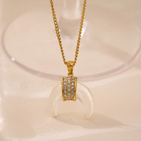 Maan Hanger Ketting 18K Verguld Roestvrij Staal Hars Zirkoon Schakelketting Elegante Trendy Sieraden Voor Dames