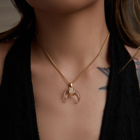 Maan Hanger Ketting 18K Verguld Roestvrij Staal Hars Zirkoon Schakelketting Elegante Trendy Sieraden Voor Dames
