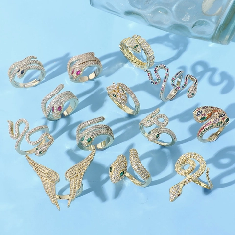 Luxury Gold Plated Copper Snake Open Ring With Sparkling Zirconia Vintage Animal Design Adjustable Finger Ring Jewelry For Women