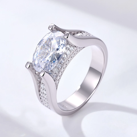 925 Sterling Silver Oval Zirconia Ring Luxurious Micro-Pave Wide Band Ring For Women Wedding Banquet Jewelry Gift