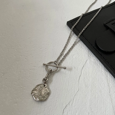 S925 Sterling Silver Toggle Clasp Irregular Molten Texture Round Coin Pendant Necklace Women Minimalist Chic Jewelry