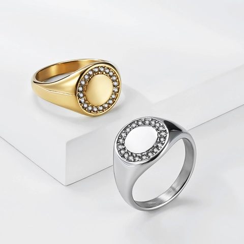 Full Pavé Rhinestone Ring Stainless Steel 18K Gold Plated Non-Fading Geometric Niche Design Jewelry For Men Women
