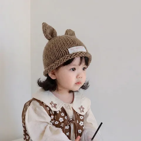 Baby Knitted Beanie Hat Handmade Rabbit Ears Lyocell Warm Pullover Cap For Toddler Boys Girls Autumn Winter Pullover Hat