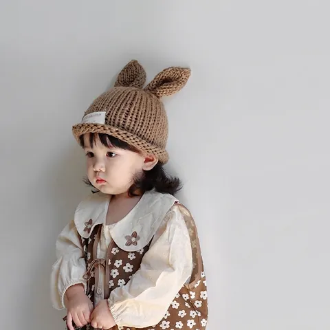 Baby Knitted Beanie Hat Handmade Rabbit Ears Lyocell Warm Pullover Cap For Toddler Boys Girls Autumn Winter Pullover Hat