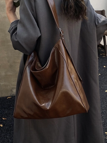 Vintage Large Capacity PU Leather Shoulder Tote Bag For Women Retro Hobo Bucket Bag Casual Commuting Slouchy Handbag