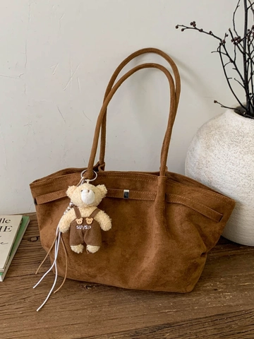 Retro Suede Look PU Leather Tote Bag For Women Large Capacity Shoulder Bag With Bear Pendant Minimalist Casual Bag