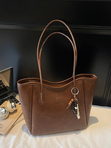 Large Capacity Retro PU Leather Tote Bag For Women Fashion Commuter Shoulder Bag With Beaded Pendant Solid Color Handbag