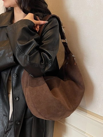 Women Vintage PU Suede Texture Large Capacity Hobo Bag Minimalist Solid Color Shoulder Bag Versatile Commuter Tote Handbag