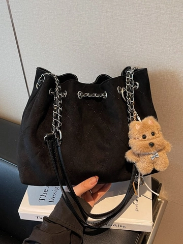 Vintage Gesteppte Wildleder Eimer Tasche Damen Große Kapazität Schulter Umhängetasche Mit Metallkette Und Plüsch Anhänger