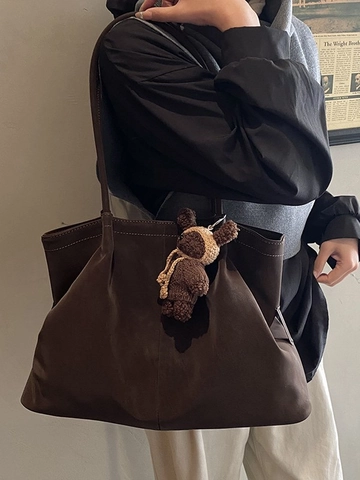 Women Large Capacity PU Leather Tote Bag Retro Minimalist Solid Color Shoulder Bag For Daily Commuting With Bear Charm