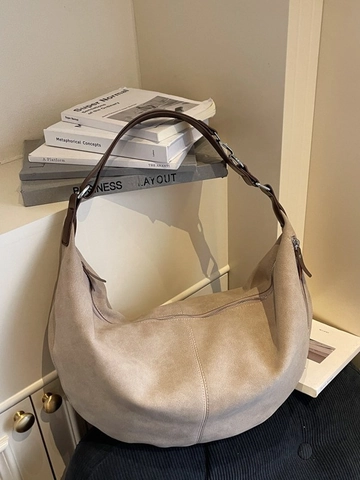 Women Vintage PU Suede Texture Large Capacity Hobo Bag Minimalist Solid Color Shoulder Bag Versatile Commuter Tote Handbag