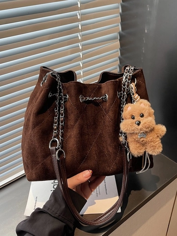 Vintage Gesteppte Wildleder Eimer Tasche Damen Große Kapazität Schulter Umhängetasche Mit Metallkette Und Plüsch Anhänger